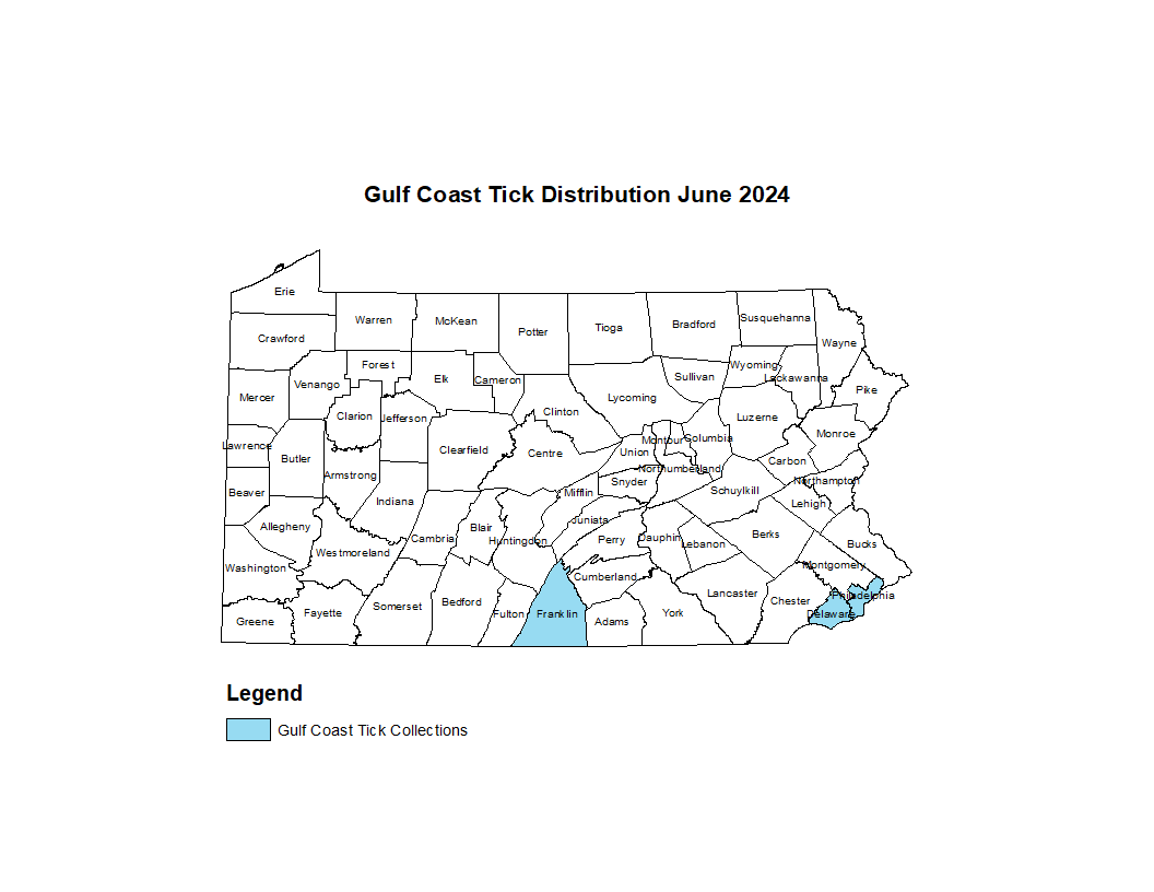 Map showing distribution of Gulf Coast tick in PA 