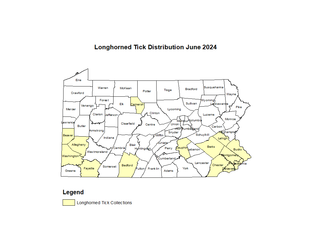 Map showing distribution of Asian Longhorned Tick in PA