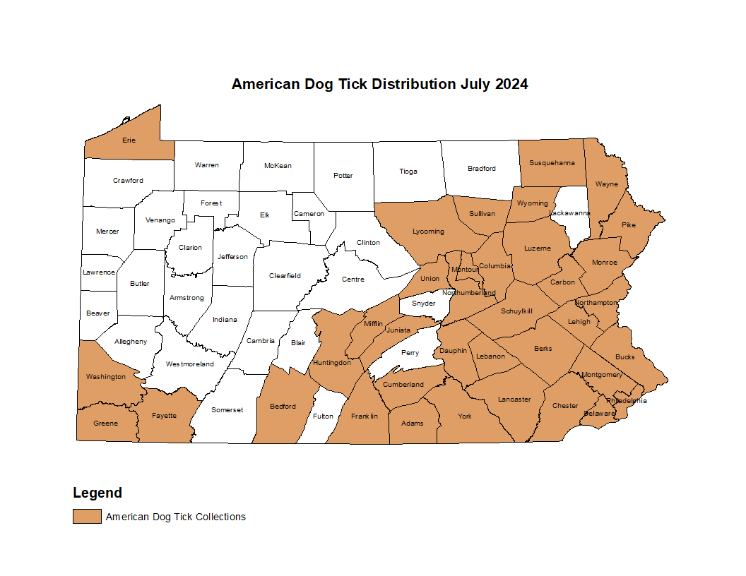 Map showing distribution of American Dog Tick in PA