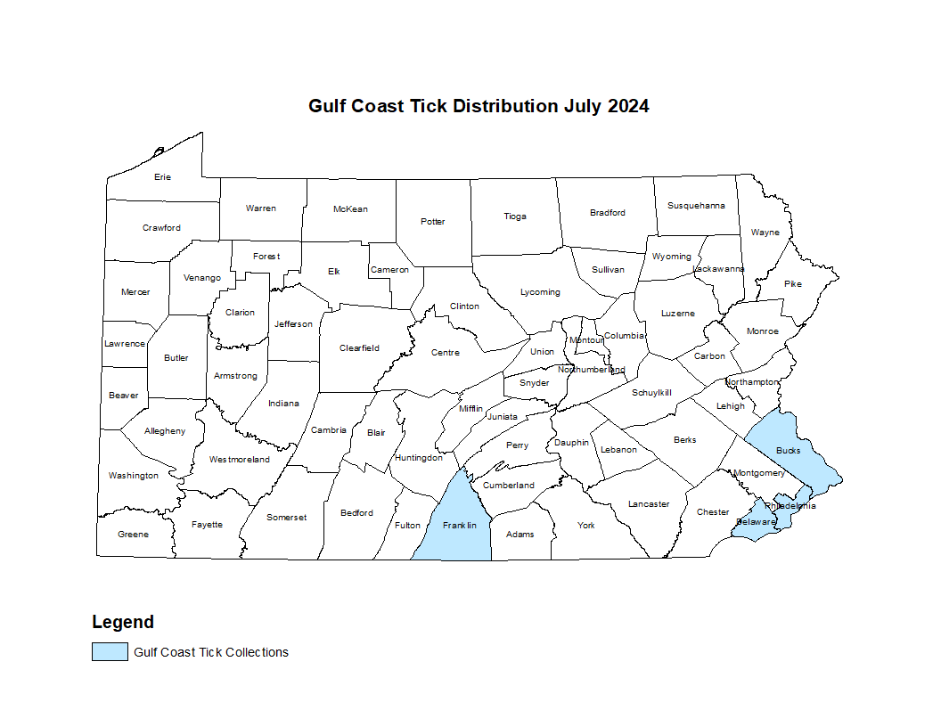 Map showing distribution of Gulf Coast tick in PA 