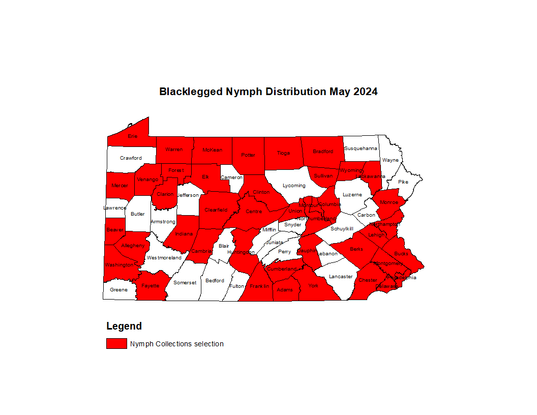 Map showing distribution of Blacklegged tick in PA