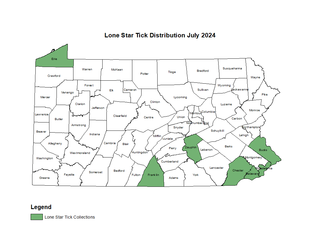 Map showing distribution of Lonestar tick in PA