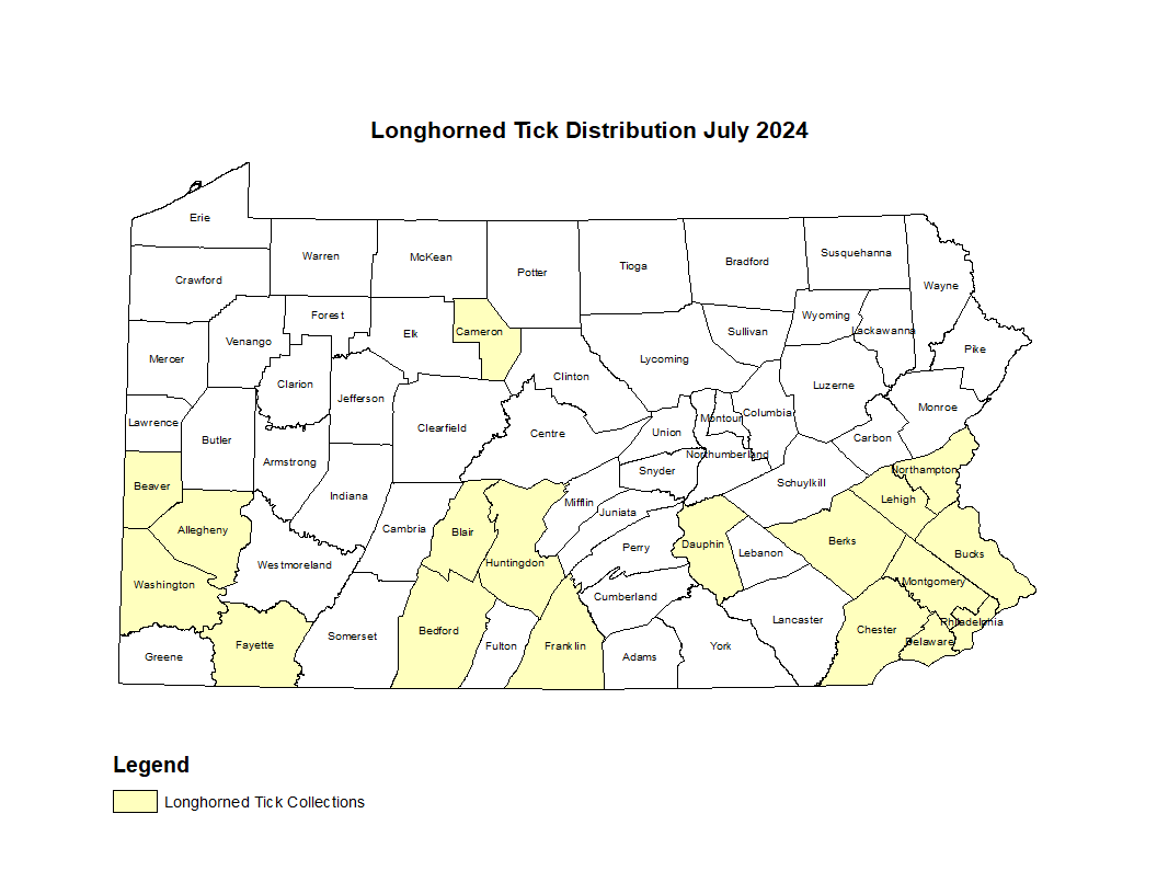 Map showing distribution of Asian Longhorned Tick in PA