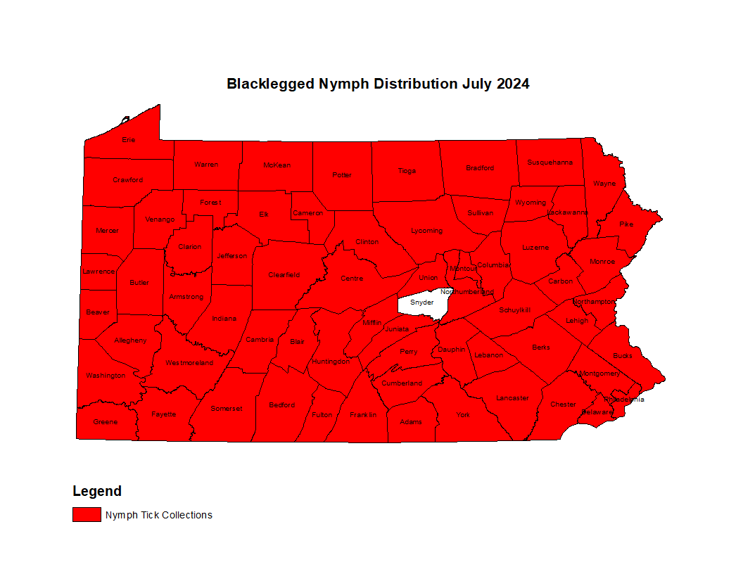 Map showing distribution of Blacklegged tick in PA